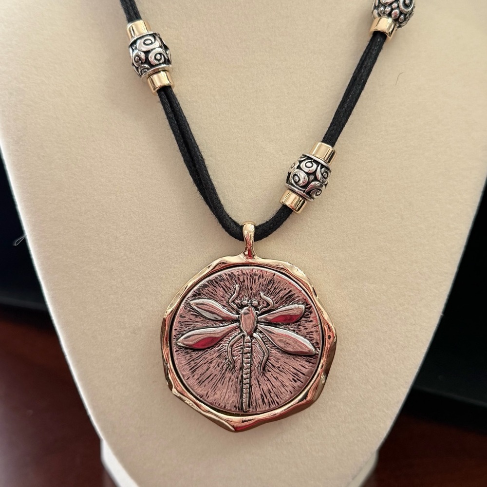 Dragonfly PendantCrystal Reversible 28-30” Necklace w/Black Cord & movable beads